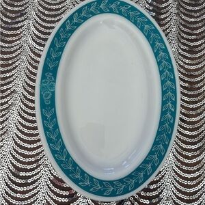 Vintage Anchor Hocking Teal and White Oval Platter